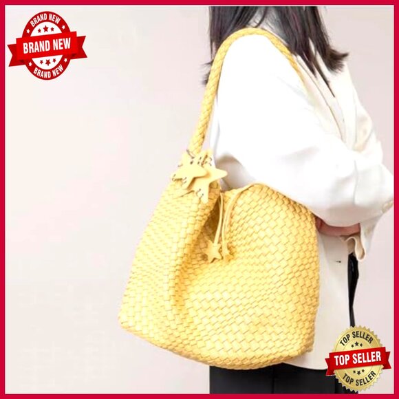 Vegan Leather Woven Tote Bag with Clutch, Shoulder Strap, Magnetic Closure - Picture 3 of 7